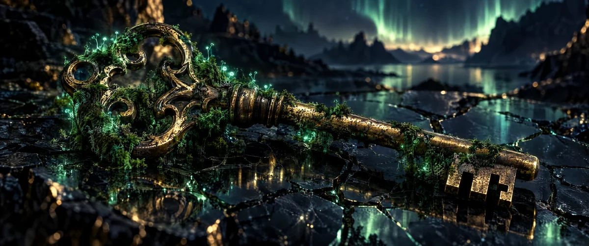 ornate key · moss overgrown · fantasy landscape