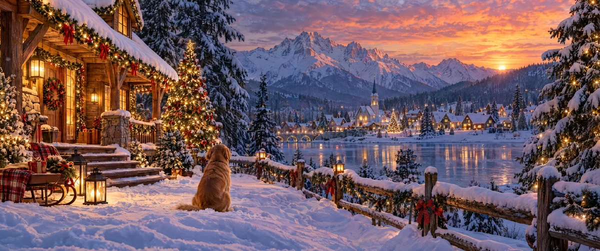 winter landscape · snowy mountains · sunset reflection