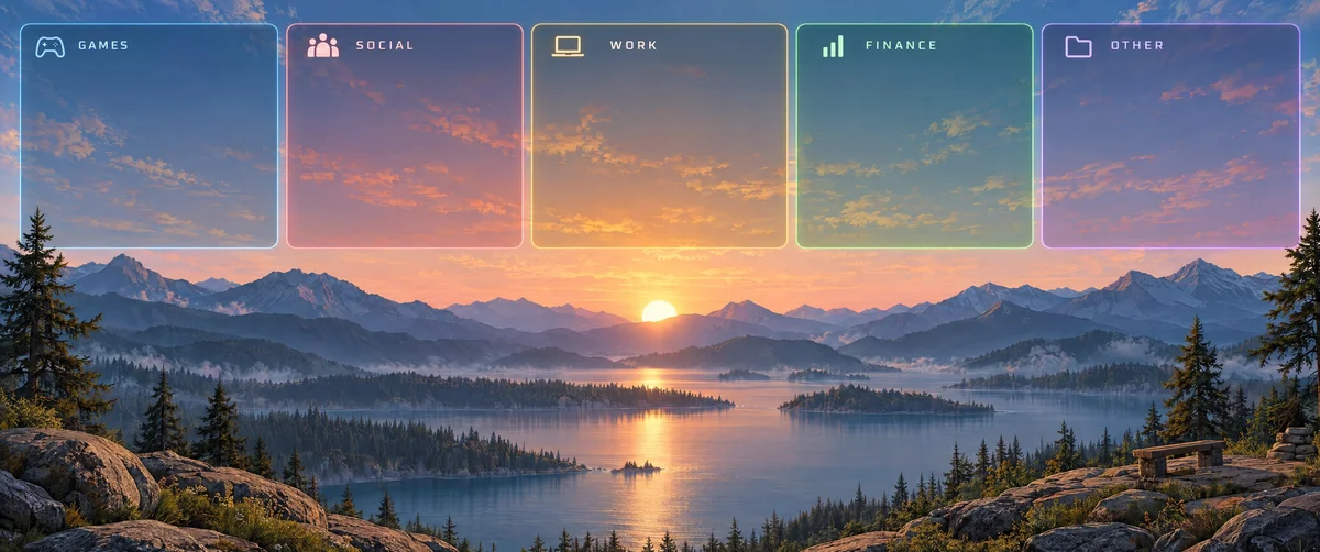 mountain landscape · sunset over lake · pine forest