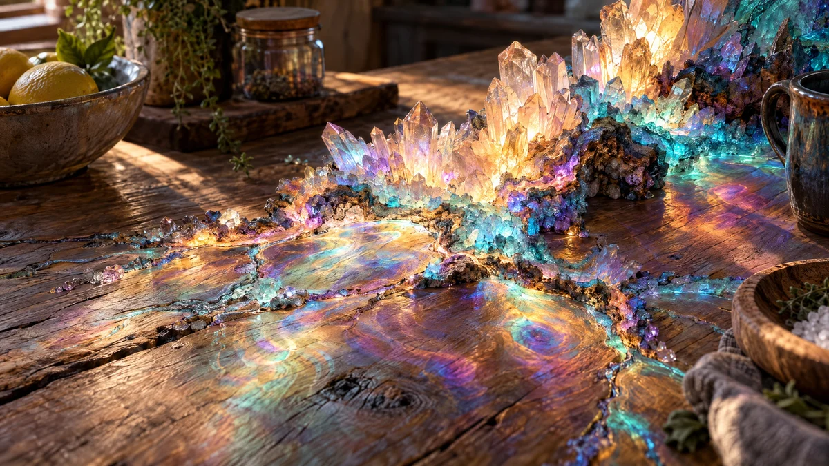 crystal · glowing · wooden table
