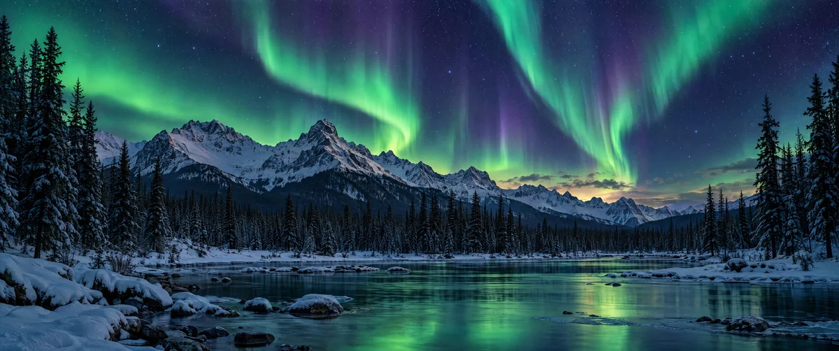 northern lights · winter landscape · mountain range
