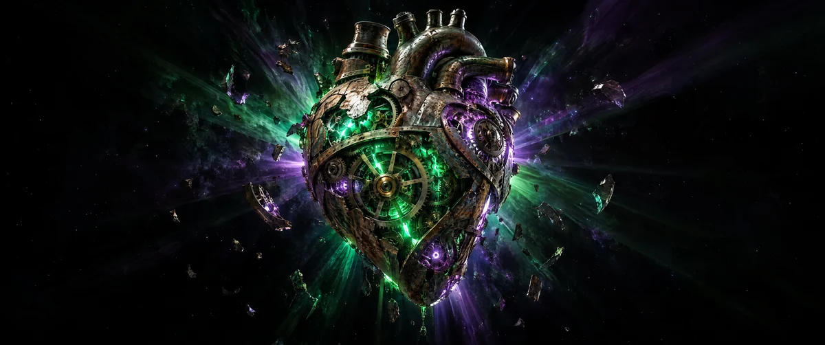 metallic heart · glowing anatomy · purple green