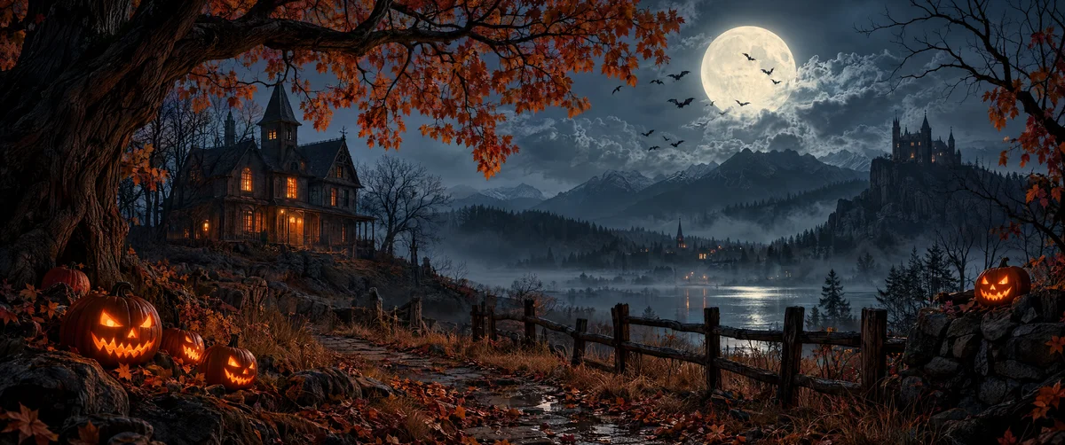 autumnal landscape · gothic castle · full moon