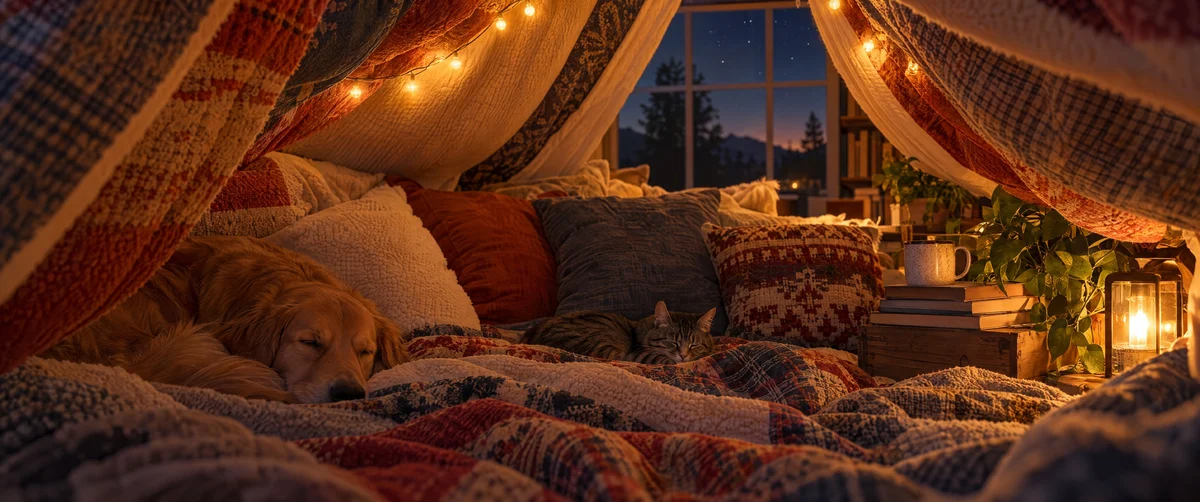 cozy interior · warm lighting · textured blankets