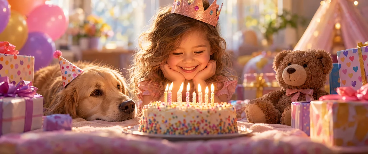 golden retriever · birthday celebration · child smiling