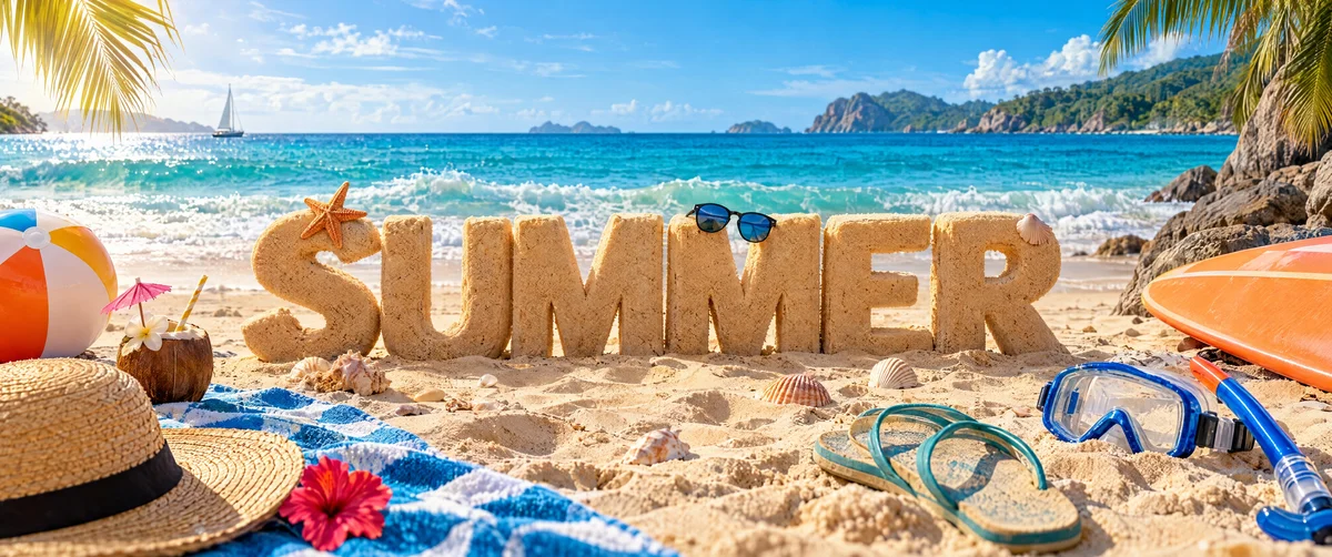 tropical beach · summer vacation · ocean waves