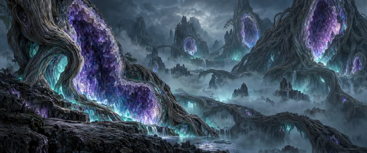 fantasy landscape · glowing crystals · dark forest