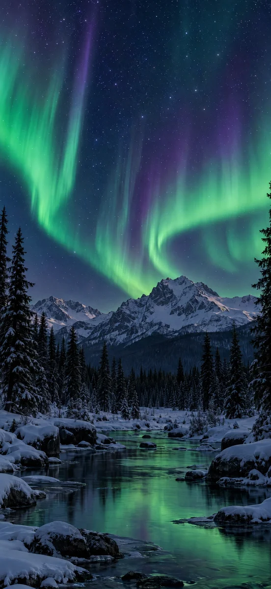 aurora borealis · winter landscape · mountains