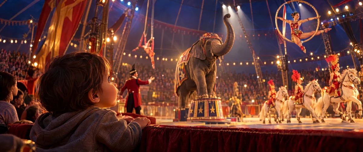 child watching · circus performance · elephant statue