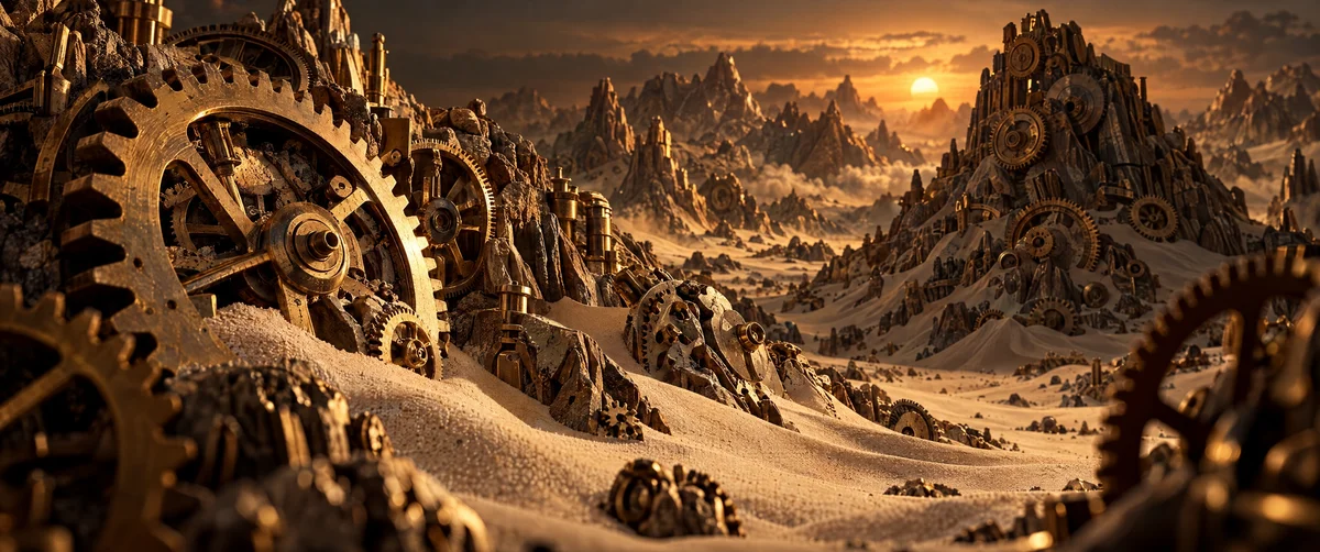 steampunk · gears · mountains